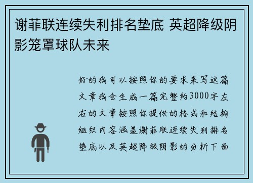 谢菲联连续失利排名垫底 英超降级阴影笼罩球队未来