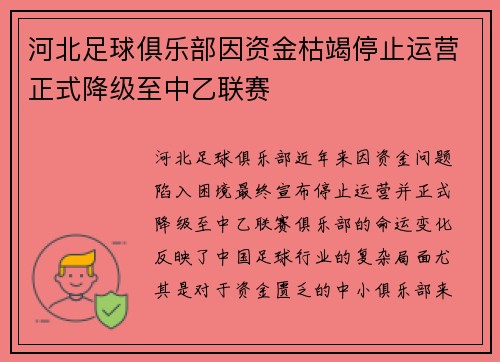 河北足球俱乐部因资金枯竭停止运营正式降级至中乙联赛 河北足球俱乐部因资金枯竭停止运营正式降级至中乙联赛