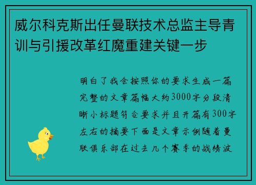 威尔科克斯出任曼联技术总监主导青训与引援改革红魔重建关键一步